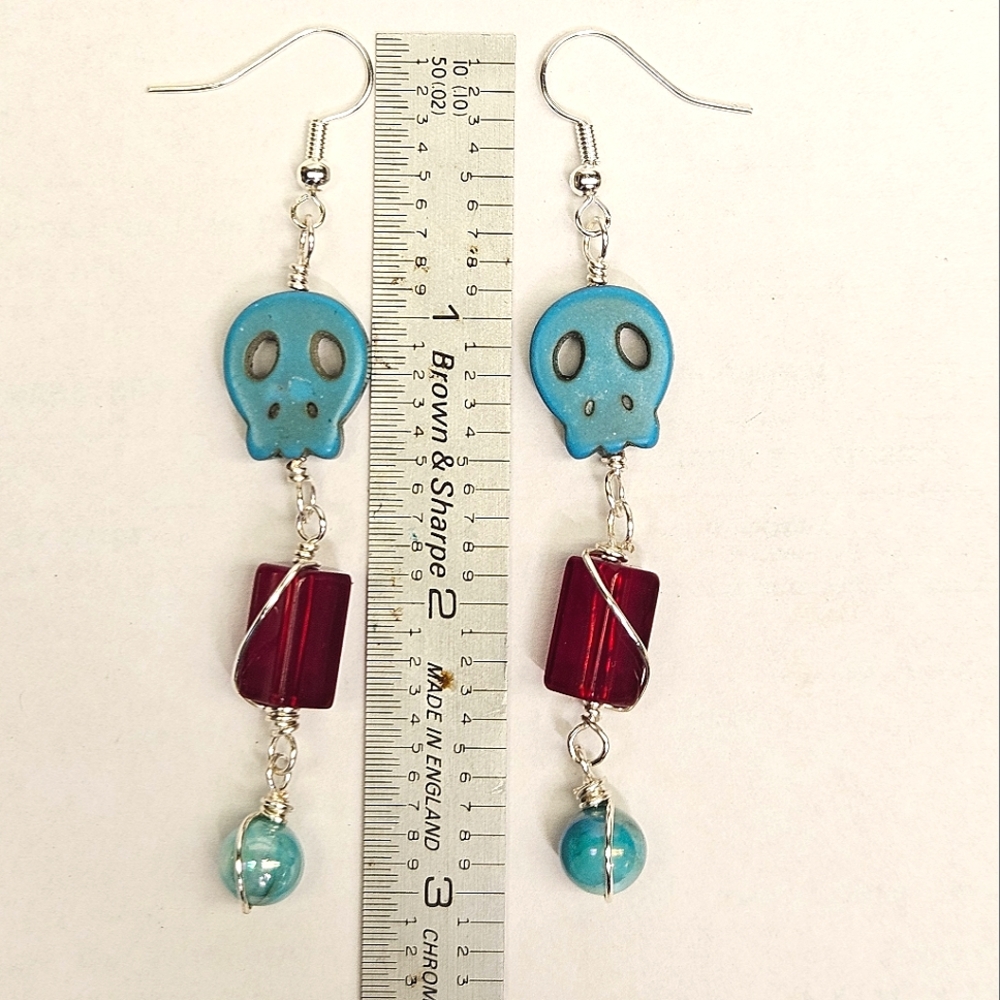 Red and Turquoise Beaded Skull Earrings - Picture 6 of 6